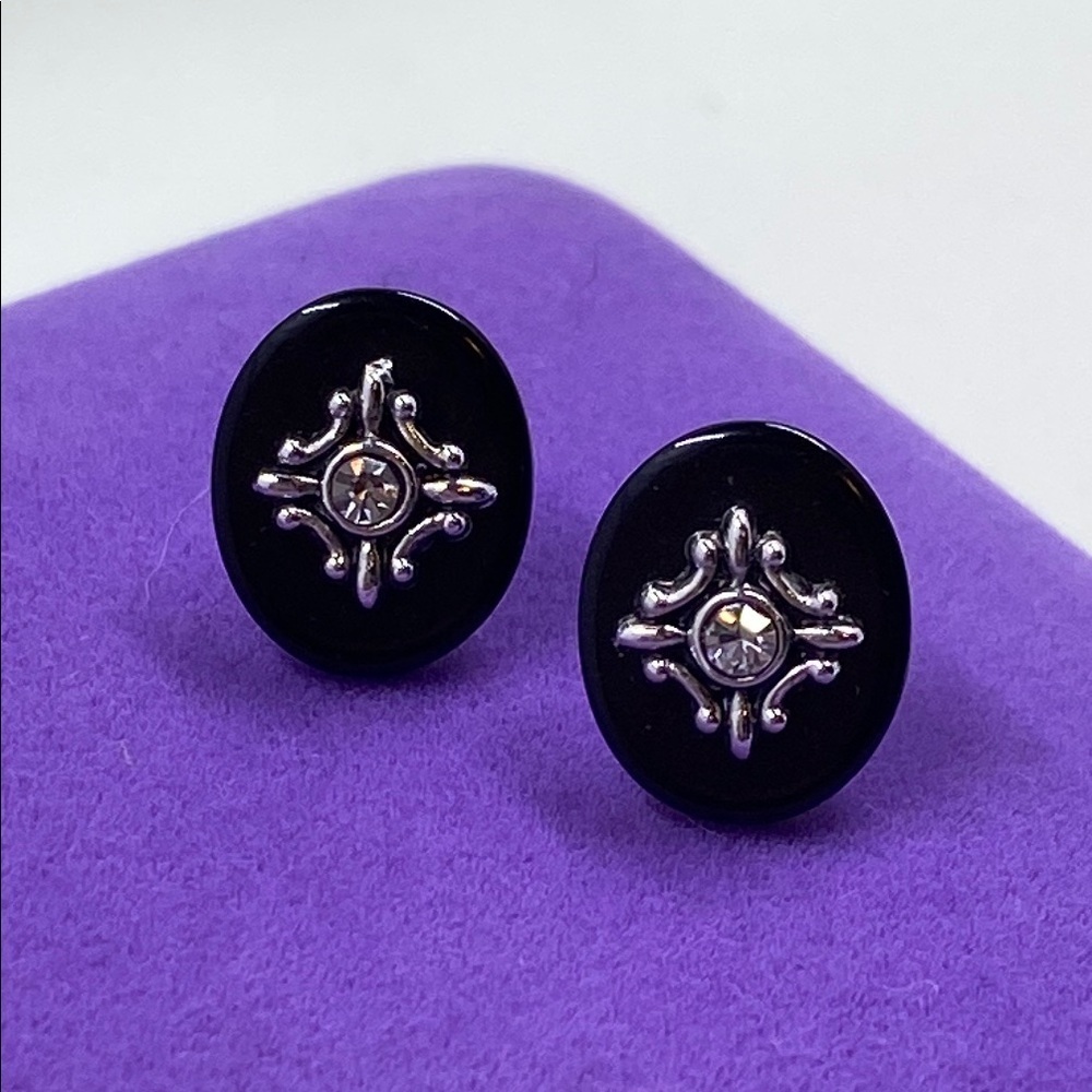 π Vintage Avon Silver Crystal Black Stud Earrings